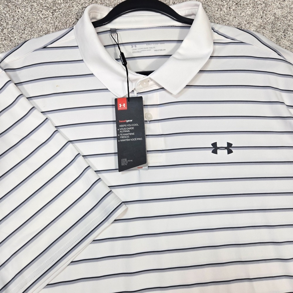 Under Armour Golf Polo Mens 2XL White gray Stripe HeatGear Loose 1342082 NEW